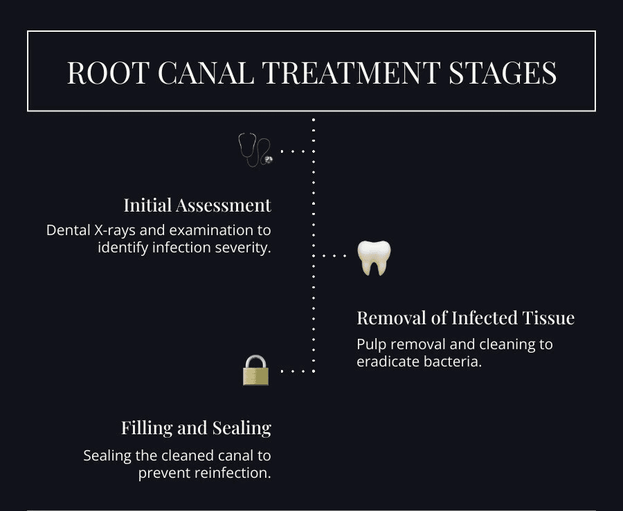 Infographic detailing stages of Root Canal Treatment, beginning with assessment and ending with sealing - Root Canal Treatment infographic infographic-line-3-steps-dark