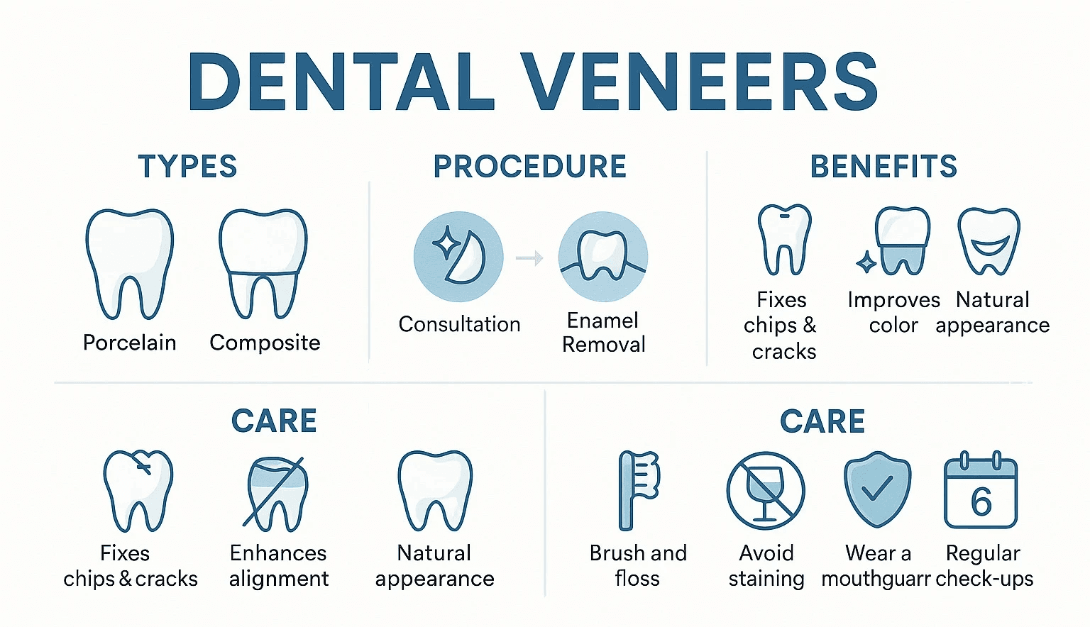 Comprehensive infographic showing dental veneer types, procedure timeline, benefits and care instructions with visual comparisons of before and after results - Dental Veneers infographic 