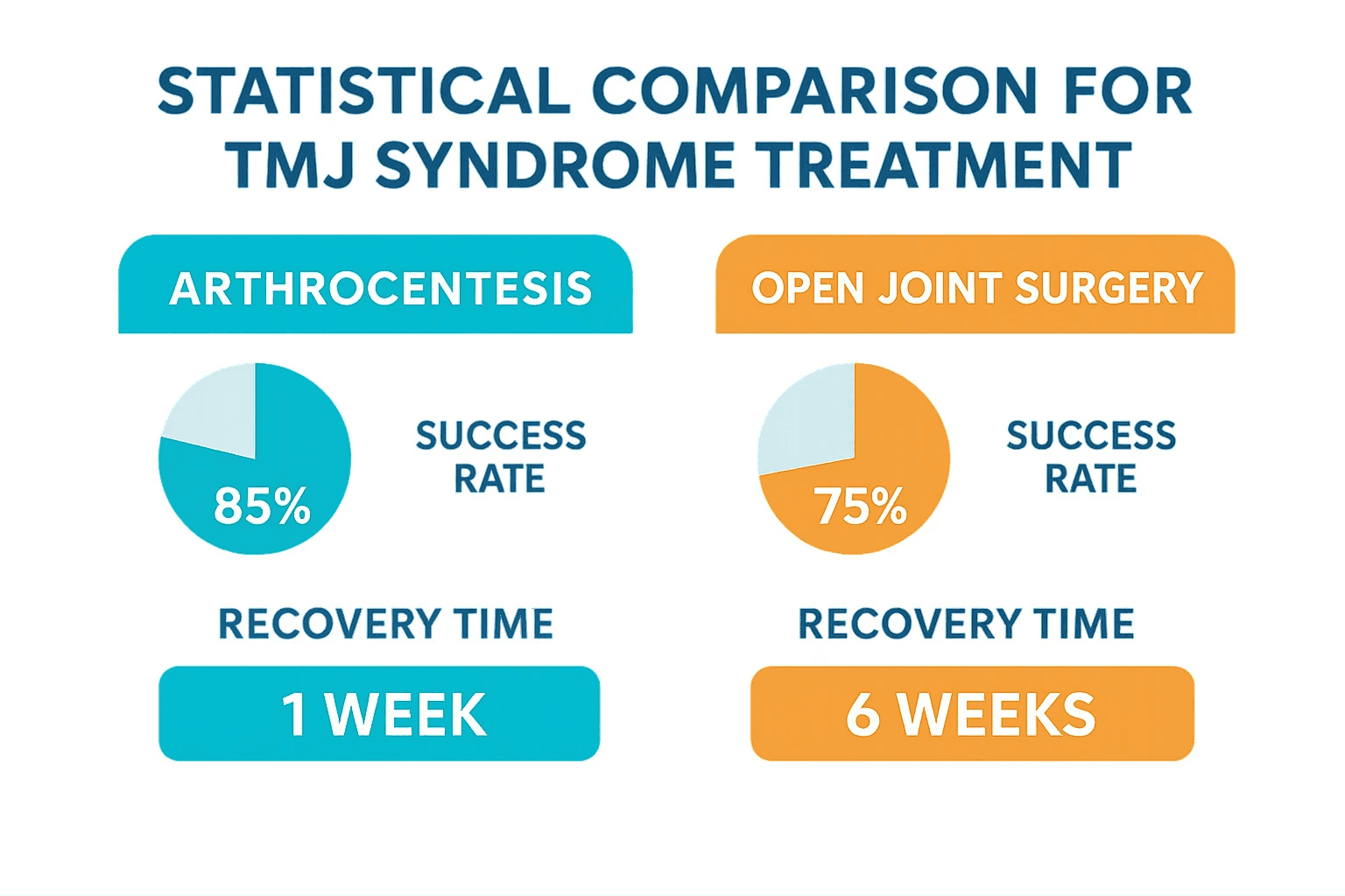 Statistical comparison showing success rates and recovery times for arthrocentesis versus open joint surgery procedures - tmj syndrome treatment infographic