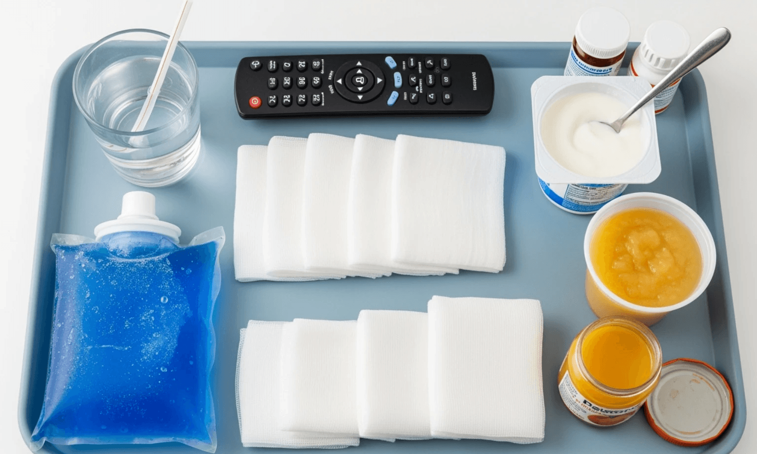 Post-operative care items like gauze, an ice pack, and soft food - surgical molar extraction