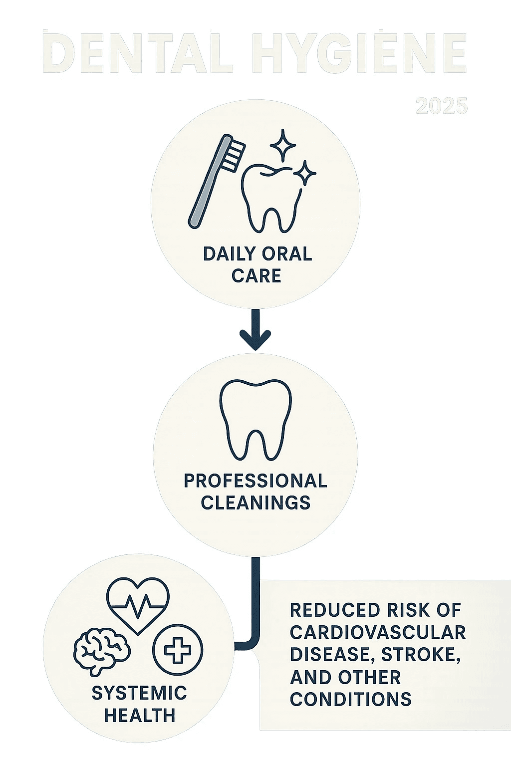 Comprehensive dental hygiene infographic showing the connection between daily oral care habits, professional cleanings, and systemic health benefits including reduced risk of cardiovascular disease, stroke, and other health conditions - Dental Hygiene infographic