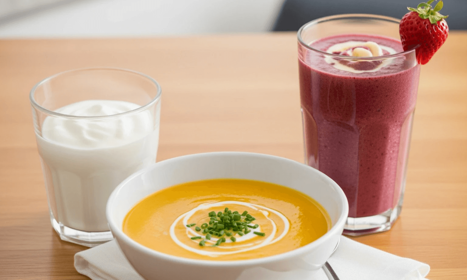 IMAGE of appropriate soft foods like yogurt, soup, and smoothies