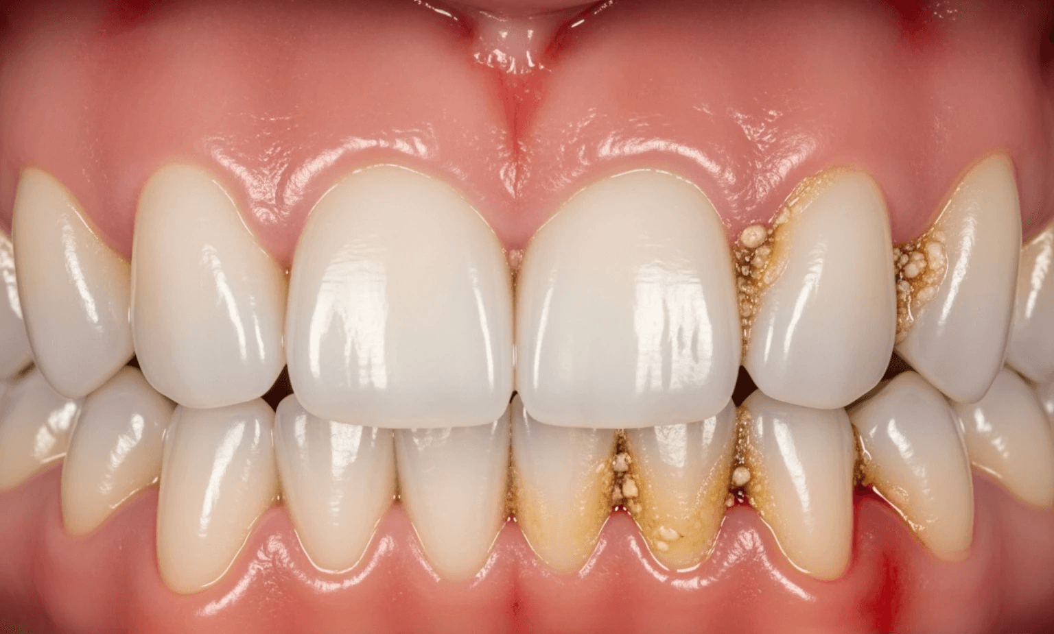 Image illustrating the difference between healthy pink gums and red, swollen, and receding gums, with visible plaque and tartar buildup - Deep cleaning teeth