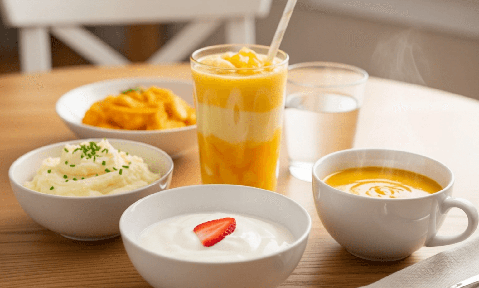 Image of soft foods like yogurt, soup, mashed potatoes, and smoothies, emphasizing gentle post-dental procedure diet - Deep cleaning teeth