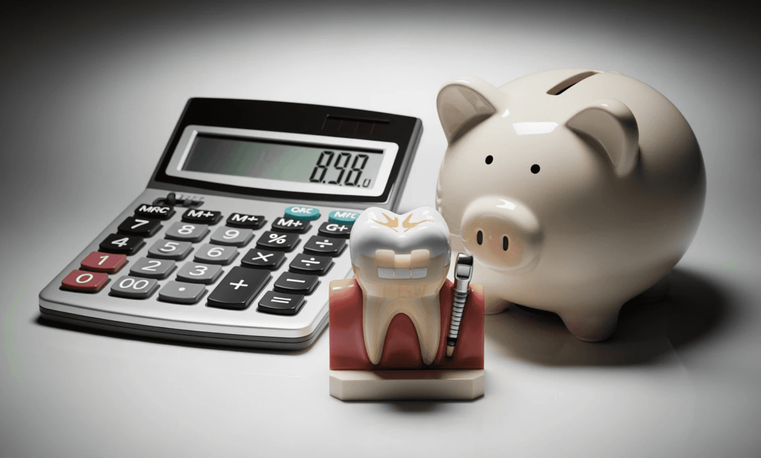 Calculator and piggy bank next to a model of a tooth with a veneer, symbolizing the financial aspect of dental treatment - Permanent veneers cost