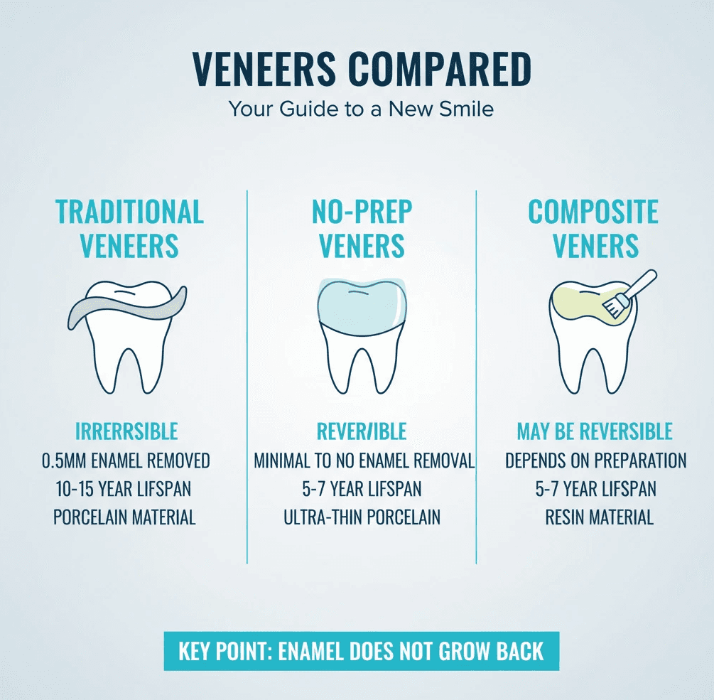 Infographic showing three columns: Traditional Veneers (Irreversible, 0.5mm enamel removed, 10-15 year lifespan, porcelain material), No-Prep Veneers (Reversible, minimal to no enamel removal, 5-7 year lifespan, ultra-thin porcelain), and Composite Veneers (May be reversible, depends on tooth preparation, 5-7 year lifespan, resin material) - are veneers reversible infographic 