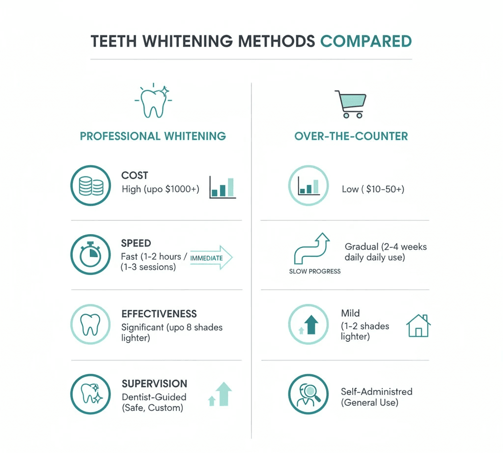 infographic comparing professional vs over-the-counter teeth whitening methods on cost, speed, effectiveness, and supervision - Teeth Whitening Methods infographic 